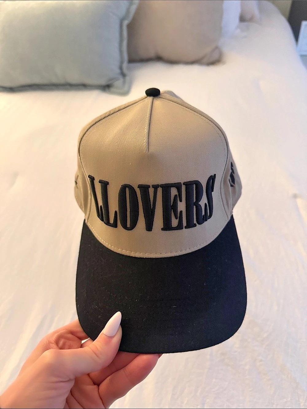 LLOOVESICK Embroidered Trucker Hat in Beige & Black Like New
